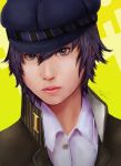  androgynous blue_eyes blue_hair cabbie_hat crossdressinging detective expressionless female hair_between_eyes hat highres lips looking_at_viewer persona persona_4 realistic reverse_trap school_uniform shirogane_naoto short_hair signature solo tomboy zamboze 
