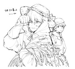  2boys bandana clenched_hand commentary_request dirty dirty_face gloves hat highres holding_wheat hood hood_up kaji_ryouji leather leather_gloves looking_at_another male_focus multiple_boys nagisa_kaworu neon_genesis_evangelion one_eye_closed oshio_(baniniwana) short_hair simple_background straw_hat sweat upper_body white_background wiping_sweat 