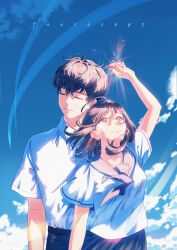  1boy 1girl above_clouds absurdres ahoge arm_up artist_name belt black_belt black_hair black_pants blue_neckerchief blue_sailor_collar blue_skirt blue_sky closed_eyes closed_mouth clouds collarbone collared_shirt commentary_request couple day gem highres holding holding_gem neckerchief orange_eyes original pants pleated_skirt red_gem sailor_collar school_uniform serafuku shirt shirt_tucked_in short_hair skirt sky smile teardrops_(user_vgvd7733) turning_head upper_body white_shirt 