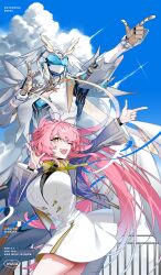  +_+ 1girl absurdres aemeath_(wuthering_waves) blue_sky breasts clouds commentary cumulonimbus_cloud dress exostrider_(wuthering_waves) highres large_breasts long_hair mzet one_eye_closed open_mouth pink_hair robot sky symbol-only_commentary thighs white_dress wuthering_waves yellow_eyes 