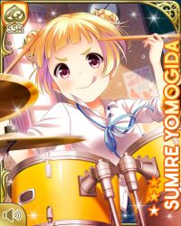  1girl :q blonde_hair blue_ribbon blue_skirt card_(medium) character_name double_bun drum drum_set drumsticks girlfriend_(kari) hair_bun hair_ornament holding holding_drumsticks instrument looking_at_viewer music neck_ribbon official_art plaid_clothes plaid_skirt playing_drum playing_instrument qp:flapper ribbon school_uniform shirt shirttail sitting skirt sleeves_rolled_up solo tongue tongue_out violet_eyes white_shirt window yomogida_sumire 