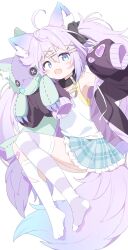  1girl absurdres animal_collar animal_ear_fluff animal_ears antenna_hair asymmetrical_legwear bandaid bandaid_on_knee bandaid_on_leg black_collar black_jacket black_scrunchie blue_eyes blue_skirt blush_stickers camisole collar commentary_request commission drawstring fang frilled_skirt frills hair_between_eyes hair_ornament hair_scrunchie highres holding holding_stuffed_toy hood hood_down hooded_jacket indie_virtual_youtuber jacket kneehighs long_hair long_sleeves mismatched_legwear multicolored_thighhighs no_shoes open_clothes open_jacket open_mouth plaid_clothes plaid_skirt pleated_skirt purple_hair purple_thighhighs scrunchie single_kneehigh single_sock single_thighhigh skeb_commission skin_fang skirt sleeves_past_fingers sleeves_past_wrists smile socks striped_clothes striped_thighhighs stuffed_animal stuffed_toy thigh-highs torn_clothes torn_socks twintails two-tone_thighhighs uneven_legwear urotsuki_(ku9625) v-shaped_eyebrows very_long_hair virtual_youtuber volo_the_wolf white_background white_camisole white_socks white_thighhighs x_hair_ornament 