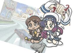  :< :3 arrow_(symbol) black_gloves black_hair black_skirt blue_hairband blue_neckerchief blue_sailor_collar blue_skirt brown_eyes brown_hair brown_shirt collared_shirt commentary_request controller dark-skinned_female dark_skin ferret-san game_console game_controller gloves gradient_hair green_eyes hairband hat kantai_collection long_hair looking_up matsuwa_(kancolle) military_uniform multicolored_hair namco_negcon neckerchief playing_games playing_video_games playstation_1 pleated_skirt purple_hair ridge_racer sailor_collar sailor_hat school_uniform seiza serafuku shirt short_sleeves sitting skirt thonburi_(kancolle) white_gloves white_hat 