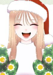  1girl blonde_hair blush christmas closed_eyes cover cover_page earrings fukuda_shinichi gloves green_gloves hat highres jewelry kitagawa_marin long_hair manga_cover multicolored_gloves official_art open_mouth oven_mitts patterned_background profile santa_hat simple_background sono_bisque_doll_wa_koi_wo_suru sweater third-party_source white_background white_gloves white_sweater yellow_gloves 
