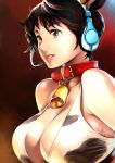  bare_shoulders bell bell_collar bikini_top breasts brown_eyes cleavage collar cow_bell cow_print headphones headset highres huge_breasts idolmaster large_breasts lips naav oikawa_shizuku short_hair solo 