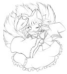  absurdres animal_ears ascot bow detached_sleeves eyebrows fox_ears fox_mask fox_tail hair_bow hakurei_reimu highres kemonomimi_mode lineart long_hair looking_at_viewer mask miko monochrome multiple_tails ofuda short_hair solid_black_thumbnail solo tail thick_eyebrows touhou transparent_background wink yume_shokunin 