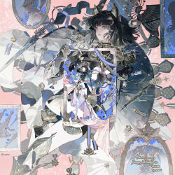  1girl absurdres animal armor black_hair blue_flower blue_ribbon blunt_bangs boots commission crown epaulettes eteru eyelashes flower gauntlets highres holding holding_weapon long_sleeves looking_at_viewer medal medium_hair mihuashi_commission mole mole_under_eye multiple_views original pale_skin parted_lips picture_frame ribbon shorts square standing watermark weapon white_boots 