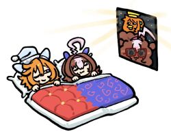  2girls ahoge animal_ears blue_hair brown_hair closed_eyes closed_mouth ear_covers fur-trimmed_headwear fur_trim futon glowing hair_between_eyes hairband hat highres horse_ears horse_girl lying meisho_doto_(umamusume) multiple_girls nightcap on_back on_bed one_eye_closed orange_hair pikminpreggedup pink_hairband pom_pom_(clothes) short_hair simple_background sleeping smile t.m._opera_o_(umamusume) umamusume under_covers white_background window 