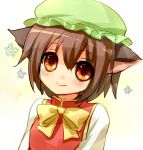  animal_ears brown_eyes brown_hair cat_ears chen face hat highres sad_fuka smile solo touhou 