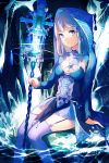  1girl achiki arm_support bangs braid cape chain_chronicle cross dress feet_in_water garter_straps hair_ornament holding ice lantern long_hair long_sleeves looking_at_viewer purple_hair purple_legwear sitting small_breasts snowflakes soaking_feet solo staff thigh-highs violet_eyes water zettai_ryouiki 
