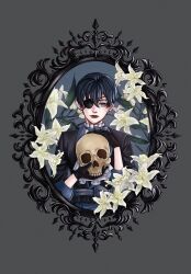  1boy aegyo_sal black_gloves black_hair border bow bowtie ciel_phantomhive expressionless eyepatch flower frills gloves head_tilt highres holding holding_skull kuroshitsuji lily_(flower) looking_at_viewer male_focus oladushekcos one_eye_covered ornate_border short_hair skull solo upper_body violet_eyes 