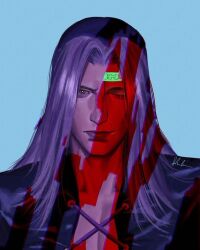  1boy artist_request bad_source black_jacket blue_background brown_eyes cross-laced_clothes fusion jacket jojo_no_kimyou_na_bouken leone_abbacchio long_hair looking_at_viewer male_focus moody_blues_(stand) one_eye_closed pectoral_cleavage pectorals purple_hair purple_lips signature simple_background smile solo upper_body vento_aureo 