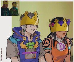  1boy 1girl armlet black_hair braid brother_and_sister commentary covered_eyes dark-skinned_female dark_skin derivative_work dragona_joestar dreadlocks grey_hair hair_ornament highres hooded_overalls jewelry jodio_joestar jojo_no_kimyou_na_bouken male_focus naru_tomaki paper_crown short_sleeves siblings single_braid the_jojolands 