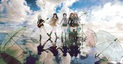  5boys 5girls absurdres bang_dream! bang_dream!_it's_mygo!!!!! bass_guitar black_hair black_shirt black_shoes black_socks blue_eyes blue_shirt blue_skirt blue_umbrella brown_dress brown_eyes brown_hair brown_shoes chihaya_anon chinese_commentary closed_mouth clouds commentary_request diagonal-striped_clothes diagonal-striped_necktie dress drum drum_set electric_guitar green_skirt grey_eyes grey_hair grey_jacket grey_neckerchief guitar guitar_strap haneoka_school_uniform heterochromia highres holding holding_guitar holding_hands holding_instrument instrument jacket kaname_raana kneehighs layered_sleeves linden_bd locked_arms long_hair long_sleeves mole mole_under_eye multiple_boys multiple_girls mygo!!!!!_(bang_dream!) nagasaki_soyo neckerchief necktie open_mouth pink_hair pink_umbrella plaid_clothes plaid_skirt pleated_skirt sailor_collar sailor_dress school_uniform shiina_taki shirt shoes short_hair short_over_long_sleeves short_sleeves skirt sky socks striped_clothes takamatsu_tomori transparent transparent_umbrella tsukinomori_school_uniform umbrella violet_eyes white_sailor_collar white_shirt yellow_eyes 