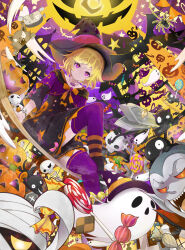  1girl bat_(animal) black_cat black_dress blonde_hair bow bracelet broom broom_riding candy candy_cane cat commentary_request dress fangs food frankenstein's_monster ghost glowing glowing_eyes halloween hat highres jack-o'-lantern jewelry lollipop mummy orange_bow original purple_sky purple_thighhighs short_hair skull sky smile star_(symbol) swirl_lollipop thigh-highs thighs tombstone vampire violet_eyes werewolf window witch witch_hat yatsu_(yatsu_a_yatsu) 