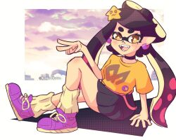  alternate_costume brown_eyes callie_(splatoon) earrings hair_ornament highres hoshinokotta inkling jewelry looking_at_viewer low_twintails pointy_ears purple_shoes shirt shoes sitting skirt sneakers socks splatoon_(series) star_(symbol) star_hair_ornament twintails yellow_shirt yellow_socks 