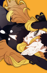  1girl absurdres black_coat blonde_hair coat cynthia_(pokemon) fur-trimmed_coat fur-trimmed_sleeves fur_collar fur_trim godouyu_(neisukun) grey_eyes hair_ornament hair_over_one_eye highres pokemon pokemon_dppt solo 