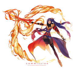  1girl alternate_costume alternate_hairstyle arm_shield armor black_boots black_gloves black_pantyhose blue_eyes blue_hair blue_tunic boots breasts commentary commission cosplay fire fire_emblem fire_emblem_awakening fire_emblem_heroes flaming_sword flaming_weapon gloves hair_between_eyes hair_ornament highres holding holding_sword holding_weapon laevatein_(fire_emblem) laevatein_(fire_emblem)_(cosplay) long_hair lucina_(fire_emblem) open_mouth pantyhose shield simple_background solo sumustard sword teeth thigh_boots tunic twintails upper_teeth_only waist_cape weapon white_gloves 