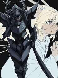  2girls antlers armor black_armor black_hair blonde_hair blue_eyes blue_nose breastplate bringyousoon commentary_request cuirass december_holiday deltarune fake_horns freckles full_armor gauntlets greaves helm helmet highres holding holding_sword holding_weapon horned_helmet horns knight korean_commentary multiple_girls noelle_holiday own_hands_clasped own_hands_together pauldrons plate_armor poleyn red_nose reindeer_antlers reindeer_girl roaring_knight serious shoulder_armor siblings sisters slit_pupils spiked_gauntlets spiked_pauldrons spikes sword utdr_(toby_fox) visor_lift walking weapon yellow_eyes 
