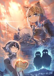  animal_ears armor black_hair blonde_hair blue_eyes chocolate commentary_request eastern_santa_cruz_giant_tortoise_(kemono_friends) elbow_gloves extra_ears galapagos_penguin_(kemono_friends) gloves grey_hair hair_ornament hair_over_one_eye headphones highres holding holding_sword holding_weapon hood hoodie horns japanese_armor japari_symbol kemono_friends kemono_friends_3 long_hair mcgunngu multiple_girls outdoors penguin_girl short_hair sleeveless smilodon_(kemono_friends) sword tail turtle_shell valentine weapon western_santa_cruz_giant_tortoise_(kemono_friends) yak_(kemono_friends) yellow_eyes zipper 