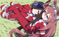  2girls ahoge animal_ears blue_eyes blue_flower blue_rose blush breasts brown_hair closed_mouth commentary_request flipped_hair flower grey_hairband gym_uniform hair_between_eyes hair_over_one_eye hairband hat hat_flower hiro_(pqtks113) horse_ears horse_girl horse_tail jacket large_breasts long_hair looking_up mihono_bourbon_(umamusume) multiple_girls pants red_jacket red_pants red_track_suit rice_shower_(umamusume) rose shoes silver_hairband sitting sitting_between_legs smile sweatdrop tail tilted_headwear tracen_training_uniform track_jacket track_pants track_suit umamusume violet_eyes yuri 