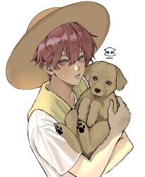  1boy absurdres amo_0202 animal baby_animal bamby_(plave) chinese_commentary closed_mouth commentary_request crew_neck dog double-parted_bangs hair_between_eyes hat highres holding holding_animal holding_dog looking_at_viewer male_focus pink_eyes pink_hair plave puppy scarf shirt short_hair short_sleeves solo sun_hat white_background white_shirt yellow_scarf 