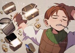  1boy brown_gloves brown_hair brown_vest chilchuck_tims closed_eyes coin commentary_request derivative_work dungeon_meshi fingerless_gloves gloves glowing gold_coin green_scarf grey_background halfling hand_in_own_hair lock lockpick male_focus meme motion_lines naoya_hitting_choso_without_looking_(meme) open_mouth padlock piyodein_(katsugo) scarf shirt short_hair solo treasure_chest twitter_username upper_body vest white_shirt 