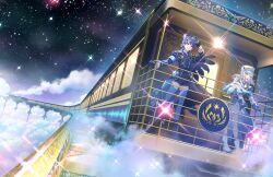  2girls above_clouds black_boots black_capelet black_hair blue_eyes blue_gloves blue_hat blue_jacket blue_shorts blue_thighhighs boots capelet ceras_yanagida_lilienfeld ceras_yanagida_lilienfeld_(sairin_no_shasou) clouds diffraction_spikes edel_note frilled_sleeves frills full_body game_cg gloves grey_hair half_gloves hand_on_railing hat highres jacket katsuragi_izumi katsuragi_izumi_(kaiten_no_shasou) link!_like!_love_live! long_hair long_sleeves looking_ahead love_live! multiple_girls night non-web_source official_art open_hands orange_eyes outdoors short_shorts shorts side_cape skirt sky standing star_(sky) starry_sky thigh-highs train train_conductor virtual_youtuber wavy_hair white_boots white_capelet white_hat white_jacket white_skirt 