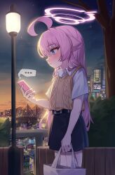  ... 1girl absurdres ahoge bag black_skirt blue_archive blue_eyes blue_sky blush bridge brown_sweater_vest building capry cellphone city city_lights collared_shirt commentary_request cowboy_shot dusk from_side gradient_sky halo heterochromia highres holding holding_bag holding_phone hoshino_(blue_archive) huge_ahoge lamppost long_hair looking_at_phone orange_sky parted_lips phone pink_hair pink_halo profile shirt short_sleeves skirt sky smartphone solo speech_bubble spoken_ellipsis sweater_vest white_shirt yellow_eyes 