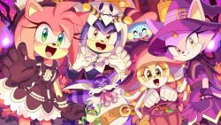  2boys 3girls :d amy_rose animal_nose big_the_cat black_dress black_gloves blaze_the_cat charmy_bee cheese_(sonic) cream_the_rabbit dress froggy_(sonic) furry furry_female furry_male ghost_costume gloves green_eyes halloween halloween_bucket halloween_costume hat highres looking_at_viewer multiple_boys multiple_girls pink_hair purple_dress purple_hair ririkuma0530 smile sonic_(series) white_gloves witch witch_hat yellow_eyes 