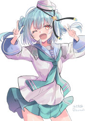  1girl absurdres aqua_neckerchief aqua_sailor_collar aqua_skirt blue_hair commentary_request dixie_cup_hat double_bun fang hair_bun hat highres hizaka kantai_collection military_hat navy_cross neckerchief one-hour_drawing_challenge pleated_skirt red_eyes sailor_collar samuel_b._roberts_(kancolle) samuel_b._roberts_mk_ii_(kancolle) school_uniform serafuku short_hair simple_background skirt smile solo striped_neckerchief twintails white_background white_hat 