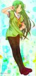  abstract_background aqua_background arm_up artist_name bakemata breasts brown_legwear collarbone cosplay dress fingernails finished full_body green green_dress green_eyes green_hair half_updo hand_on_hip highres higurashi_no_naku_koro_ni houjou_satoko houjou_satoko_(cosplay) leaning leaning_forward light_smile long_hair looking_at_viewer mary_janes minidress pantyhose ribbon sailor_dress school_uniform serafuku shoes short_sleeves signature smile solo sonozaki_shion standing star starry_background striped striped_background v v_over_eye vertical_stripes very_long_hair 