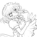  absurdres braid highres izayoi_sakuya knife lineart maid maid_headdress monochrome short_hair solid_black_thumbnail solo touhou transparent_background twin_braids yume_shokunin 