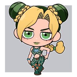  1girl arm_tattoo blonde_hair braid braided_ponytail breasts bun_with_braided_base chibi commentary contrapposto double_bun full_body green_eyes green_hair green_lips hair_bun hand_on_own_hip highres jojo_no_kimyou_na_bouken kabutom_ue_shi kujo_jolyne medium_breasts navel parted_lips smile solo stone_ocean symbol-only_commentary tattoo wristband 
