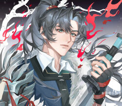  1boy black_gloves black_hair blue_eyes blue_robe cheng_heguang chinese_commentary commentary_request fingerless_gloves fire fur-trimmed_robe fur_trim gloves gradient_background grey_background hand_up highres holding holding_sword holding_weapon jian_(weapon) long_hair male_focus ponytail reverse:1999 robe solo sword upper_body weapon xieguang 