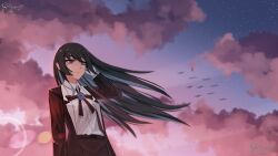  1girl :| absurdres adjusting_hair ado_(utaite) artist_name black_coat black_hair blue_eyes blue_flower blue_hair blue_rose blue_sky chando_(ado) closed_mouth coat collared_shirt colored_inner_hair floating_hair flower gloves gradient_sky hand_up highres lens_flare long_hair looking_to_the_side mole mole_under_eye multicolored_hair neck_flower pink_sky rose roxs_(roxss29) shirt signature simple_bird sky solo star_(sky) starry_sky twilight upper_body utaite white_gloves white_shirt wind 