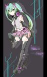  1girl boots character_name detached_sleeves green_eyes green_hair hatsune_miku headphones headphones_around_neck highres long_hair navel necktie shinnjugokko skirt sleeves_past_wrists solo thigh_boots thighhighs twintails vocaloid 
