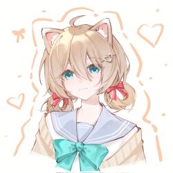  1girl :3 ahoge akitoupancoffee animal_ear_fluff animal_ears aqua_bow aqua_bowtie aqua_eyes blonde_hair blue_sailor_collar bow bowtie cardigan cat_ears cat_girl closed_mouth cropped_shoulders hair_between_eyes hair_ornament hair_ribbon hair_rings heart heart_hair_ornament highres long_hair long_sleeves looking_at_viewer neuro-sama off-shoulder_cardigan official_alternate_hairstyle orange_outline outline red_ribbon ribbon sailor_collar simple_background smile solo vedal_ai virtual_youtuber white_background yellow_cardigan 