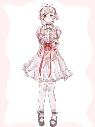  1girl alternate_costume apron argyle_clothes argyle_jacket arms_behind_back black_shoes border bow center_frills closed_mouth commentary cropped_jacket dress frilled_apron frilled_dress frills full_body hashtag-only_commentary hasu_no_sora_yumekawa_fashion hat highres jacket link!_like!_love_live! looking_at_viewer love_live! mary_janes nurse_cap over-kneehighs pink_apron pink_border pink_eyes red_bow roku_aya_fuyu shoes short-sleeved_jacket short_dress short_hair short_sleeves short_twintails sidelocks simple_background smile solo thigh-highs twintails waist_apron white_background white_dress white_thighhighs yugiri_tsuzuri yume_kawaii 