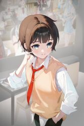  1girl alternate_hair_length alternate_hairstyle black_hair black_pants blue_eyes choppy_bangs closed_mouth collared_shirt commentary_request cowboy_shot crossdressing crossdressing_(ftm) hand_in_pocket hand_up highres indoors korean_commentary light_blush long_sleeves looking_to_the_side meoreng_illust multicolored_eyes necktie pants red_necktie shirayuki_hina shirt short_hair sleeves_rolled_up smile solo standing stellive sweat sweater_vest turning_head two-tone_eyes very_short_hair virtual_youtuber white_shirt wing_collar yellow_sweater_vest 