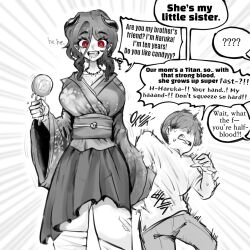  1boy 1girl bdsm bondage bound breasts brother_and_sister english_text faceless faceless_male highres horns japanese_clothes kimono monochrome oligogi_meoggosipda red_eyes siblings sisters tall_female white_background 