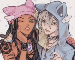  1boy 1girl animal_ear_hood animal_ears beanie black_hair blue_nails brother_and_sister choker commentary dark-skinned_female dark_skin dragona_joestar dreadlocks eyelashes fake_animal_ears green_eyes grey_hair hair_between_eyes hat highres hood hoodie jodio_joestar jojo_no_kimyou_na_bouken male_focus naru_tomaki one_eye_closed pink_nails siblings the_jojolands upper_body wristband 