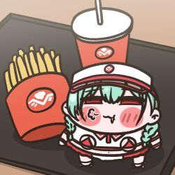  1girl :3 banshee_(last_origin) bikini blush_stickers braid chibi chibi_only clooliss commentary_request cup disposable_cup doom_bringers food french_fries from_above green_hair highres korean_commentary last_origin looking_at_viewer micro_bikini mini_person miniapron minigirl navel red_eyes revealing_clothes roller_skates skates skirt smug solo swimsuit tray twin_braids visor_cap waitress 