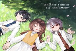  1girl 2boys :d akinashi_haru anniversary black_hair blue_necktie brown_hair closed_eyes dress dress_shirt grass happy hashtag-only_commentary highres holding_hands long_hair looking_to_the_side lying multiple_boys necktie no_cardigan no_jacket on_back on_ground osakanadream pants petals pink_petals red_eyes red_necktie saihate_eki shirt short_hair smile sweater_vest tatsunami_shion tenjiku_aoi white_dress white_hair yellow_sweater_vest 