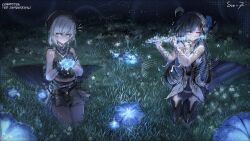  2girls absurdres bare_shoulders bead_necklace beads beret black_hair black_hat black_pantyhose black_shirt black_skirt blue_flower blue_hair closed_mouth colored_inner_hair commentary commission dress english_commentary flower flute gloves grey_hair hair_ornament hat highres instrument jewelry kuro_games multicolored_hair multiple_girls music necklace one_eye_closed pantyhose playing_flute playing_instrument punishing:_gray_raven red_eyes sanhua_(wuthering_waves) sanx7 seiza selena:_pianissimo_(pgr) selena_(pgr) shirt short_hair sitting skirt white_dress white_gloves wuthering_waves 