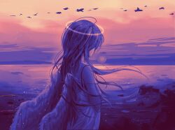  1girl character_request check_character cowboy_shot dress facing_away feathered_wings halo hashtag-only_commentary horizon long_hair omniscient_reader's_viewpoint outdoors purple_theme rock shore simple_bird solo spaghetti_strap sunset variant_set wei_inn white_wings wings yoo_sangah 
