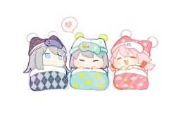 :3 blue_archive blue_eyes chibi chibi_only closed_eyes commentary_request grey_hair hair_between_eyes hair_ornament hat heart highres hoshino_(blue_archive) multiple_girls open_mouth pink_hair pom_pom_(clothes) shiroko_(blue_archive) shiroko_terror_(blue_archive) simple_background sleep_mask speech_bubble urode wolf_girl x_hair_ornament 