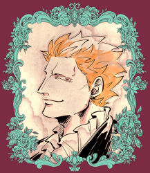  1boy adam's_apple blonde_hair brown_eyes collar commentary_request dbans donquixote_doflamingo earrings flower frilled_collar frills highres jewelry korean_commentary male_focus one_piece portrait profile red_background rose short_hair smile solo 