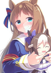  1girl absurdres animal_ears armband blue_eyes blue_jacket blush bow braid brown_hair character_doll closed_eyes closed_mouth commentary_request doll dress ear_bow ear_ribbon grass_wonder_(stone-piercing_blue)_(umamusume) grass_wonder_(umamusume) half_up_braid highres holding holding_doll horse_ears horse_girl horse_tail jacket kanzakietc long_hair long_sleeves looking_at_viewer multicolored_hair open_mouth purple_bow purple_shirt purple_skirt red_armband sailor_collar sailor_shirt school_uniform shirt short_hair skirt smile special_week_(umamusume) tail thigh-highs tracen_school_uniform two-tone_hair umamusume white_hair white_sailor_collar white_skirt white_thighhighs 