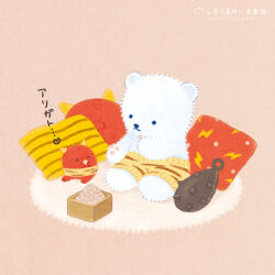  animal_print bear bear_cub club_(weapon) commentary creature cushion eating food highres no_humans original polar_bear serico shorts spiked_club symbol-only_commentary tiger_print weapon yellow_shorts 